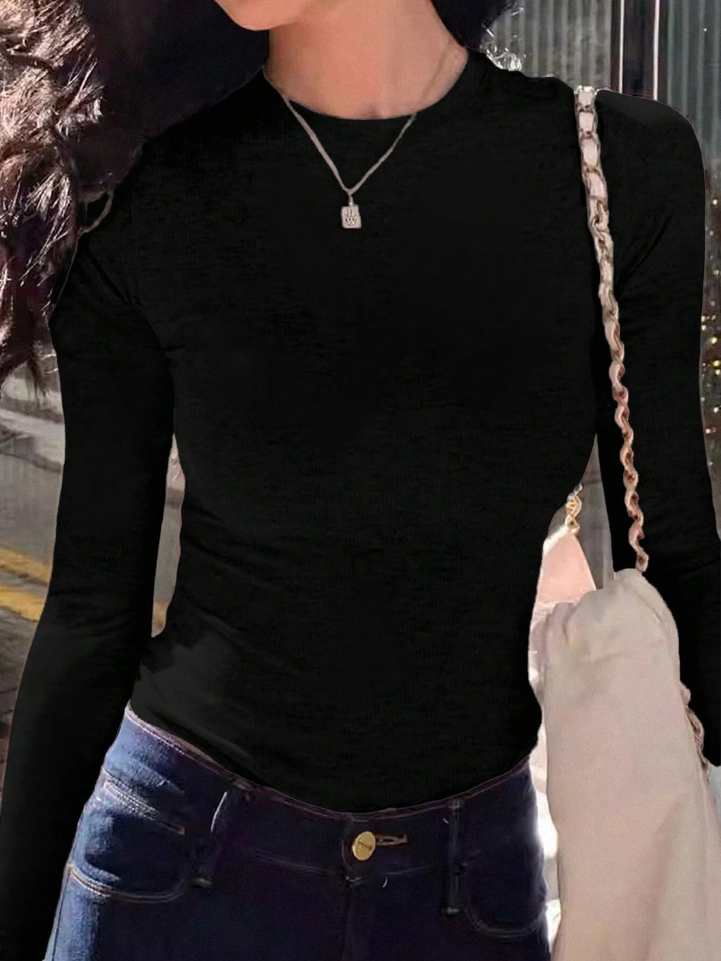 Women's Solid Black Crew Neck Long Sleeve Simple T-Shirt, Casual Everyday Wear Fall Cloth For Women