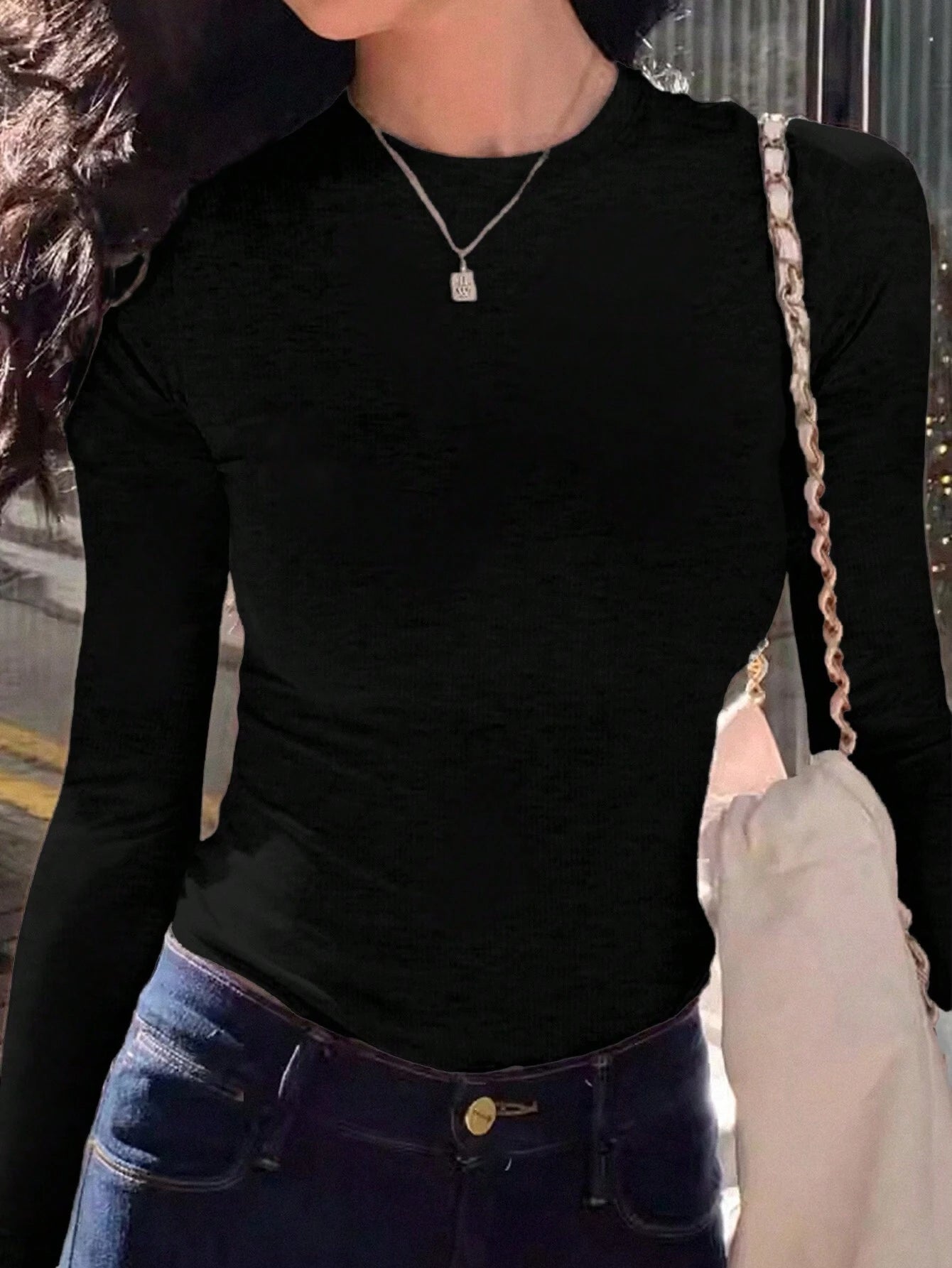 Women's Solid Black Crew Neck Long Sleeve Simple T-Shirt, Casual Everyday Wear Fall Cloth For Women