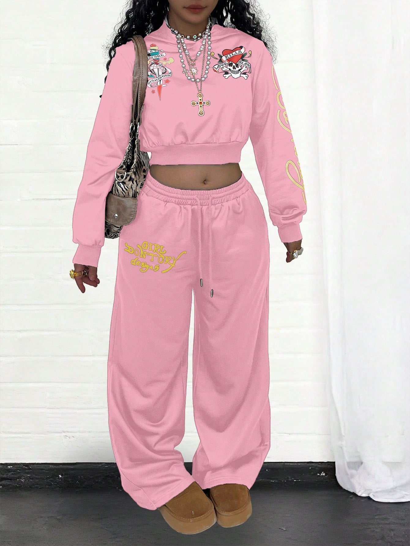 Fitted Cropped Hoodie Raglan Long Sleeve Pullover + Slant Pocket Casual Pants Set