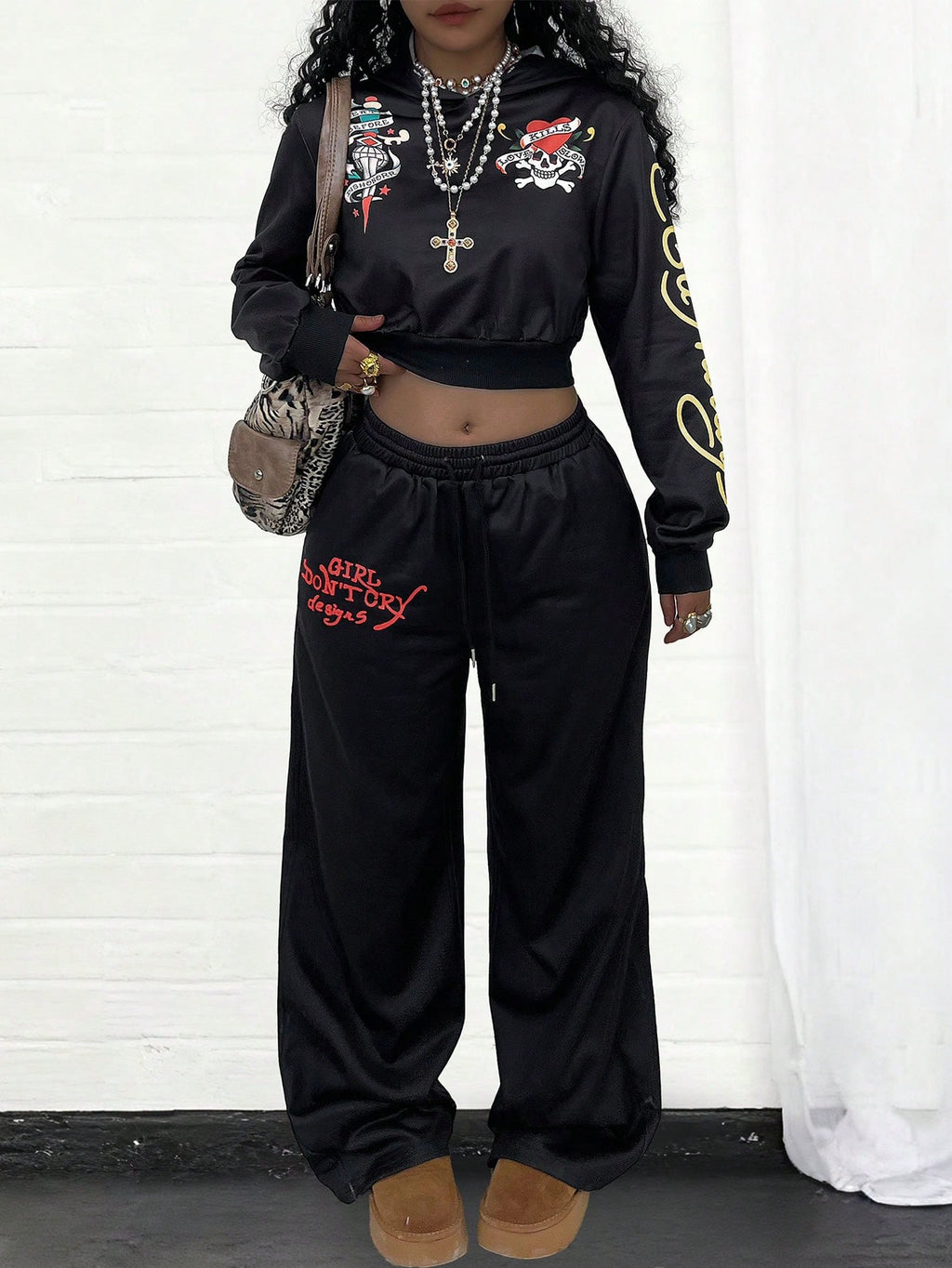 Fitted Cropped Hoodie Raglan Long Sleeve Pullover + Slant Pocket Casual Pants Set