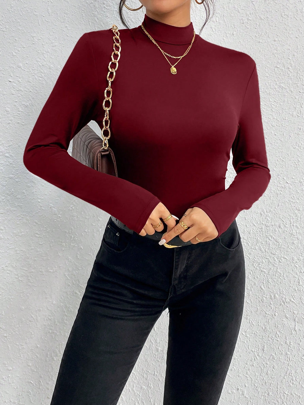 Women's Solid Color Stand Collar Long Sleeve Bodysuit Fall Cloth For Women