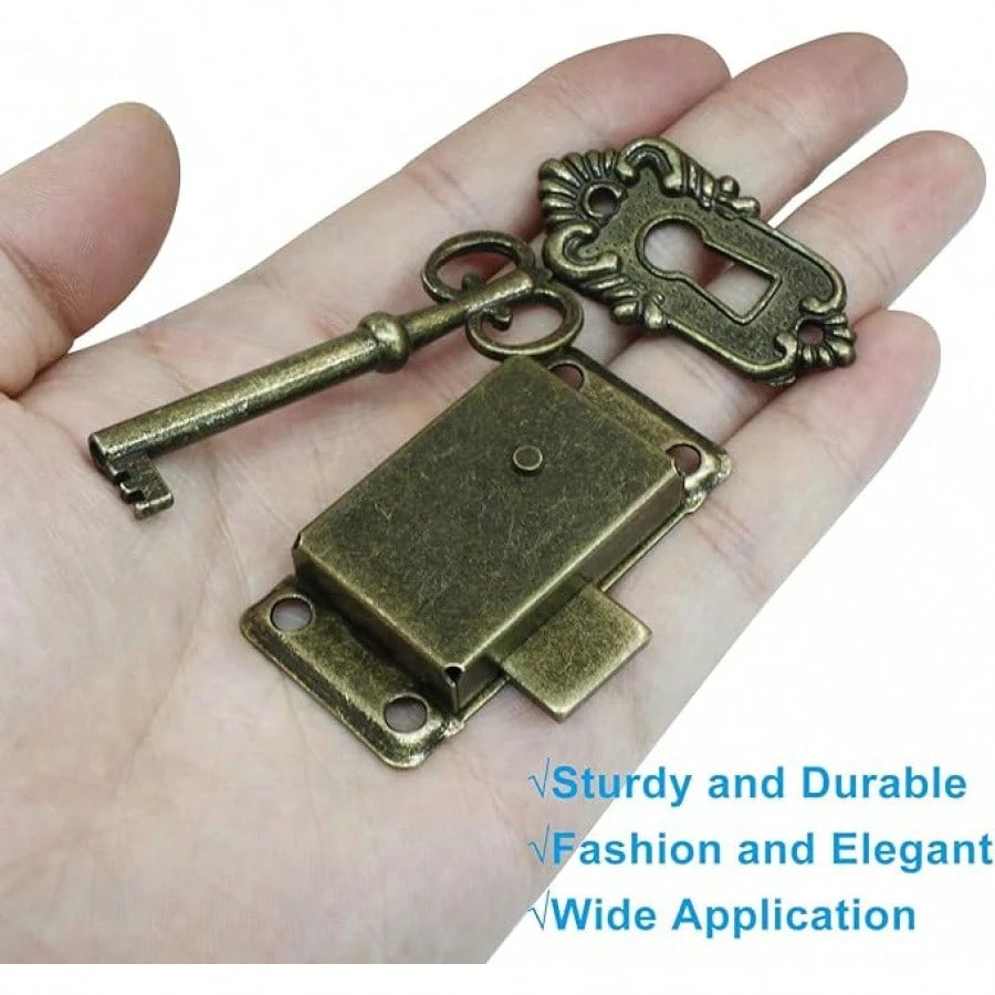 Bronze Skeleton Lock with Key, Decorative Cabinet Drawer Chest Lock